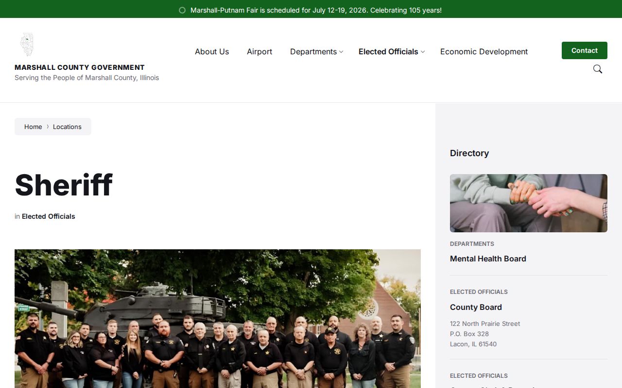 Marshall County Sheriff page with jail and Administrative Division contacts
