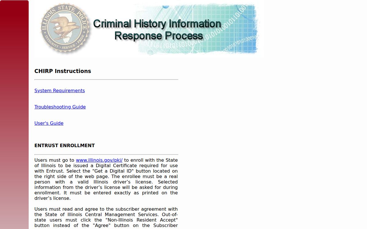 Illinois State Police CHIRP authenticated entry screen