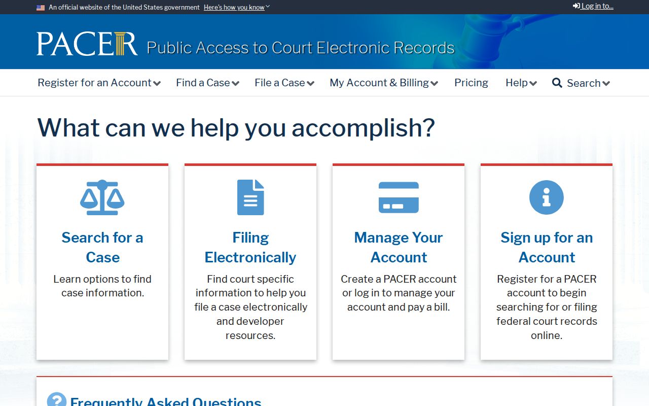 PACER federal court case access homepage